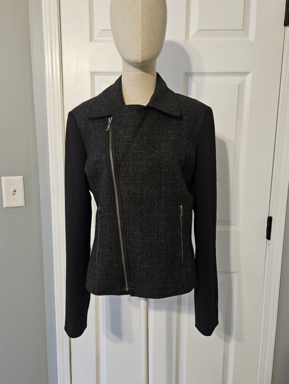 Tahari Black and Charcoal Asymmetrical Zip Blazer